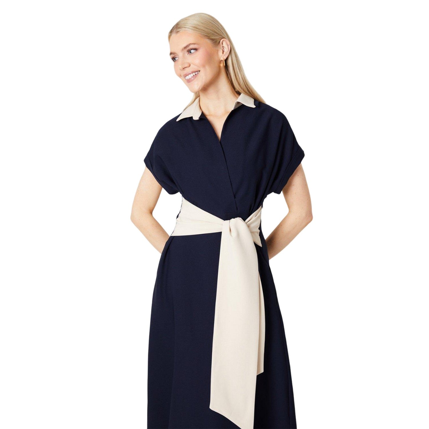Navy - Side - Principles Womens-Ladies Waist Tie Midi Dress