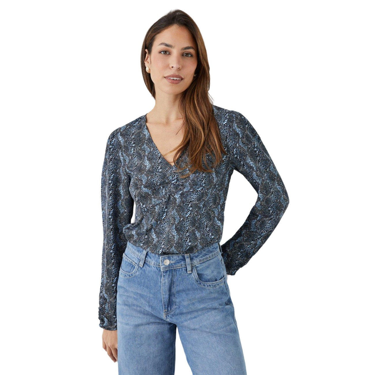 Black - Front - Principles Womens-Ladies Animal Print Ruched Front Long-Sleeved Top