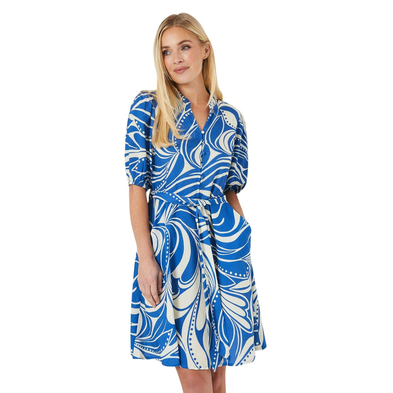 Cobalt - Front - Principles Womens-Ladies Abstract Petite Puff Sleeve Mini Dress