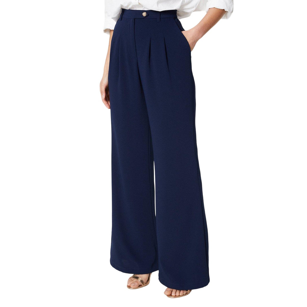 Navy - Front - Principles Womens-Ladies Button Detail Wide Leg Trousers