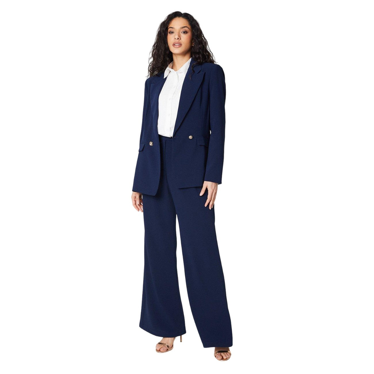 Navy - Side - Principles Womens-Ladies Button Detail Wide Leg Trousers