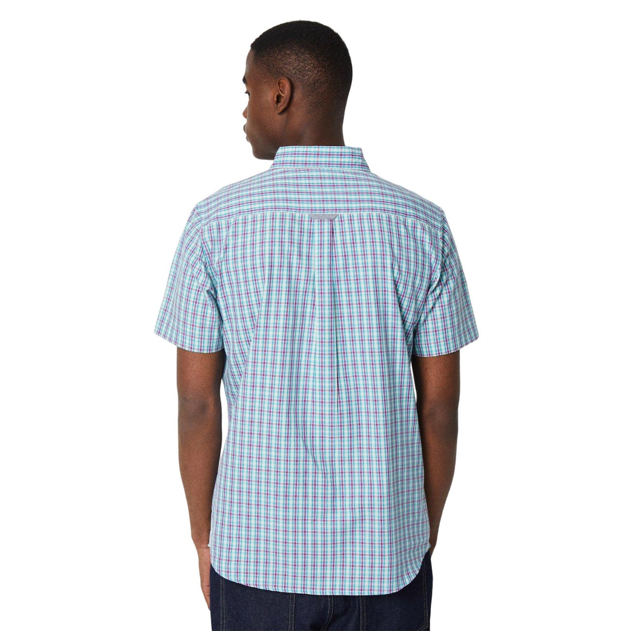 Pink - Back - Maine Mens Grid Checked Short-Sleeved Shirt