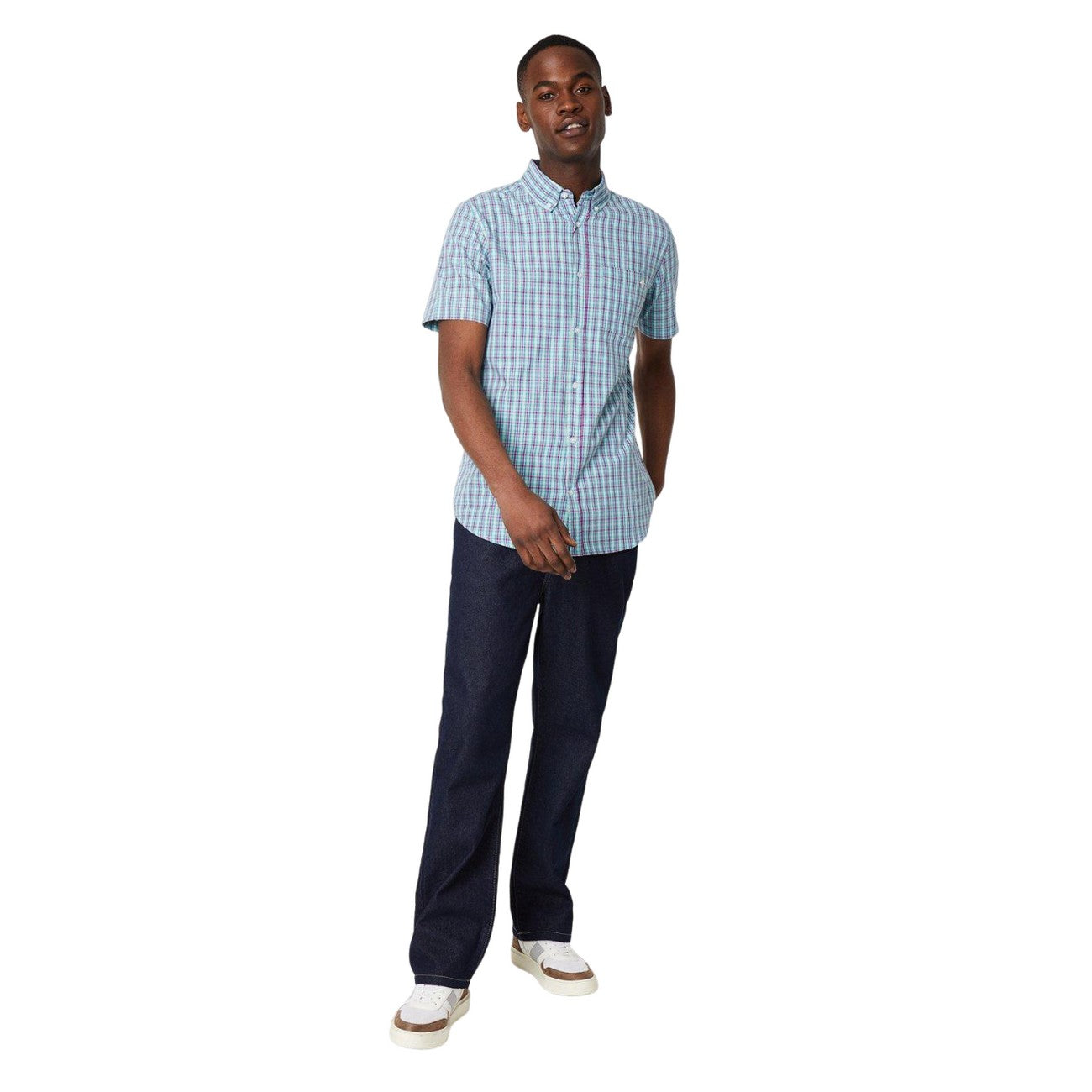 Pink - Side - Maine Mens Grid Checked Short-Sleeved Shirt