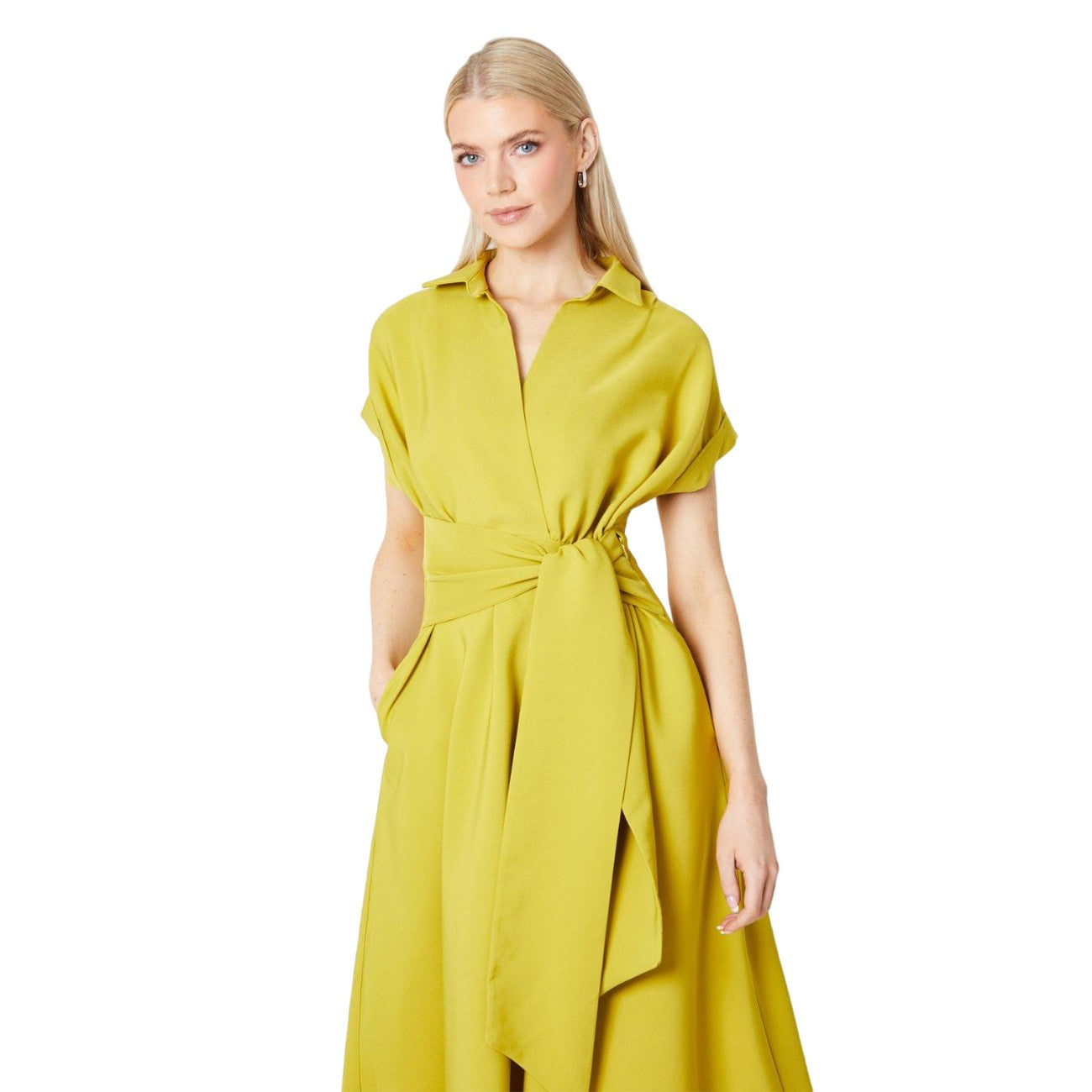 Chartreuse - Side - Principles Womens-Ladies Front Tie Midi Shirt Dress