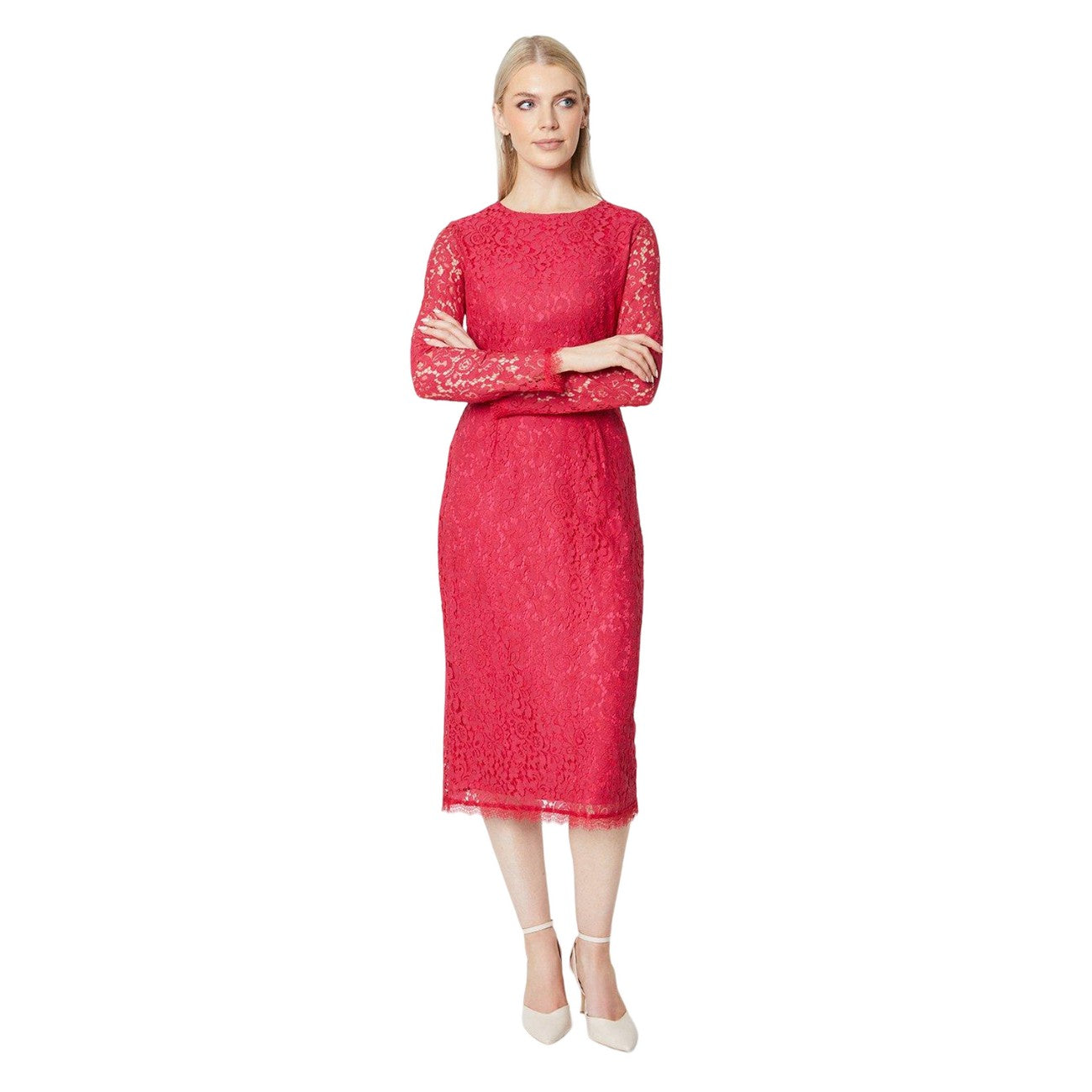 Raspberry - Front - Principles Womens-Ladies Lace Long-Sleeved Pencil Dress