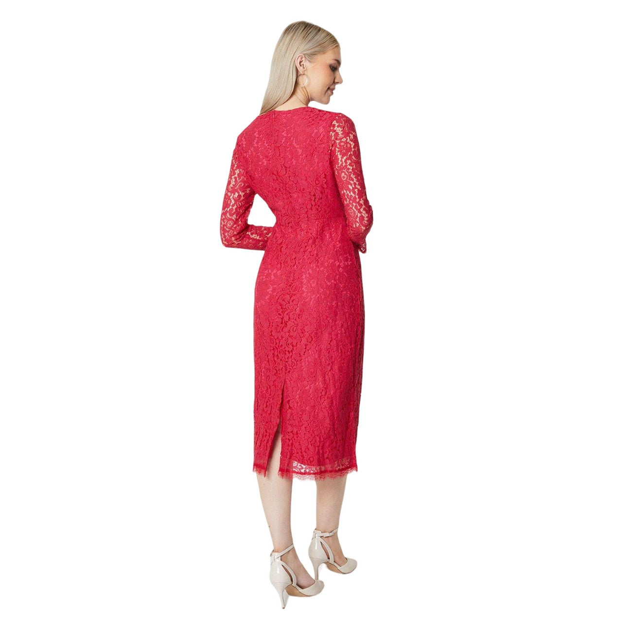Raspberry - Back - Principles Womens-Ladies Lace Long-Sleeved Pencil Dress