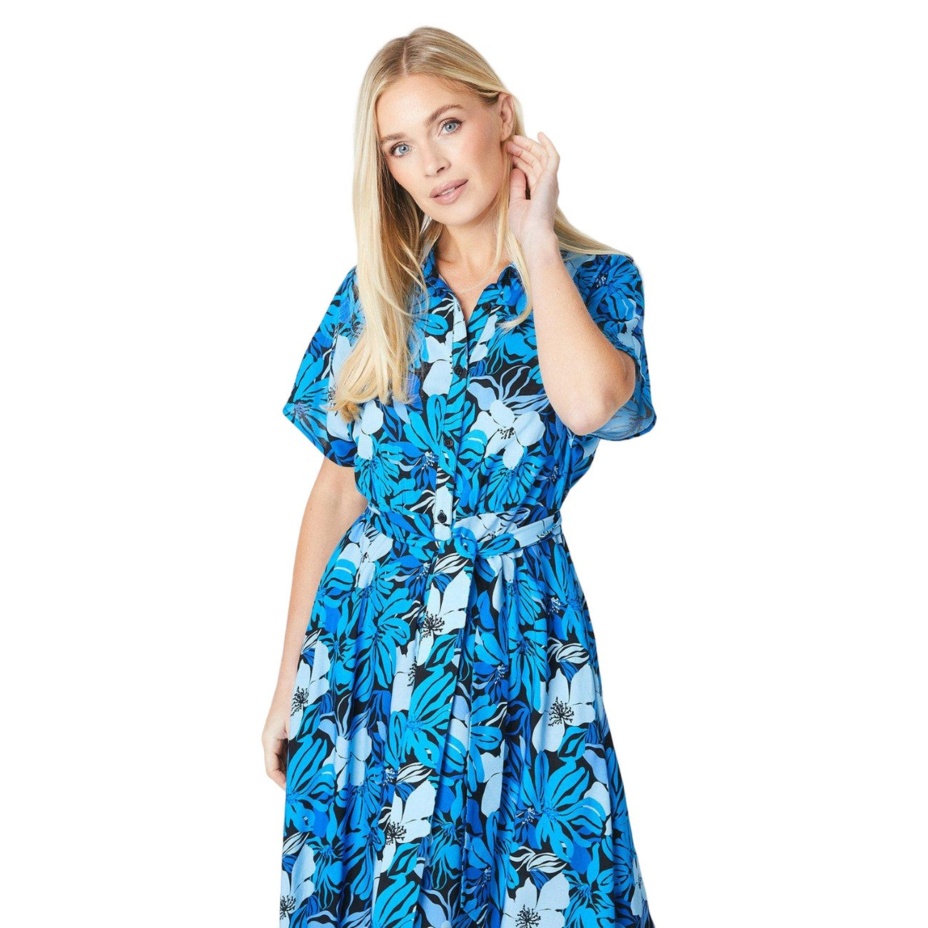 Blue - Side - Principles Womens-Ladies Floral Belt Petite Shirt Dress