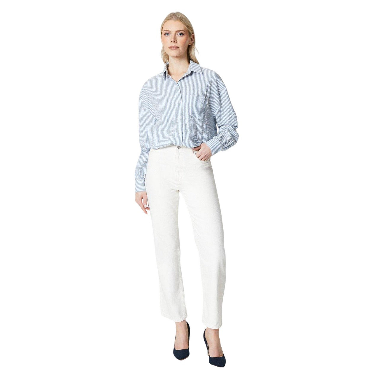 Pale Blue-White - Side - Principles Womens-Ladies Stripe Shirt