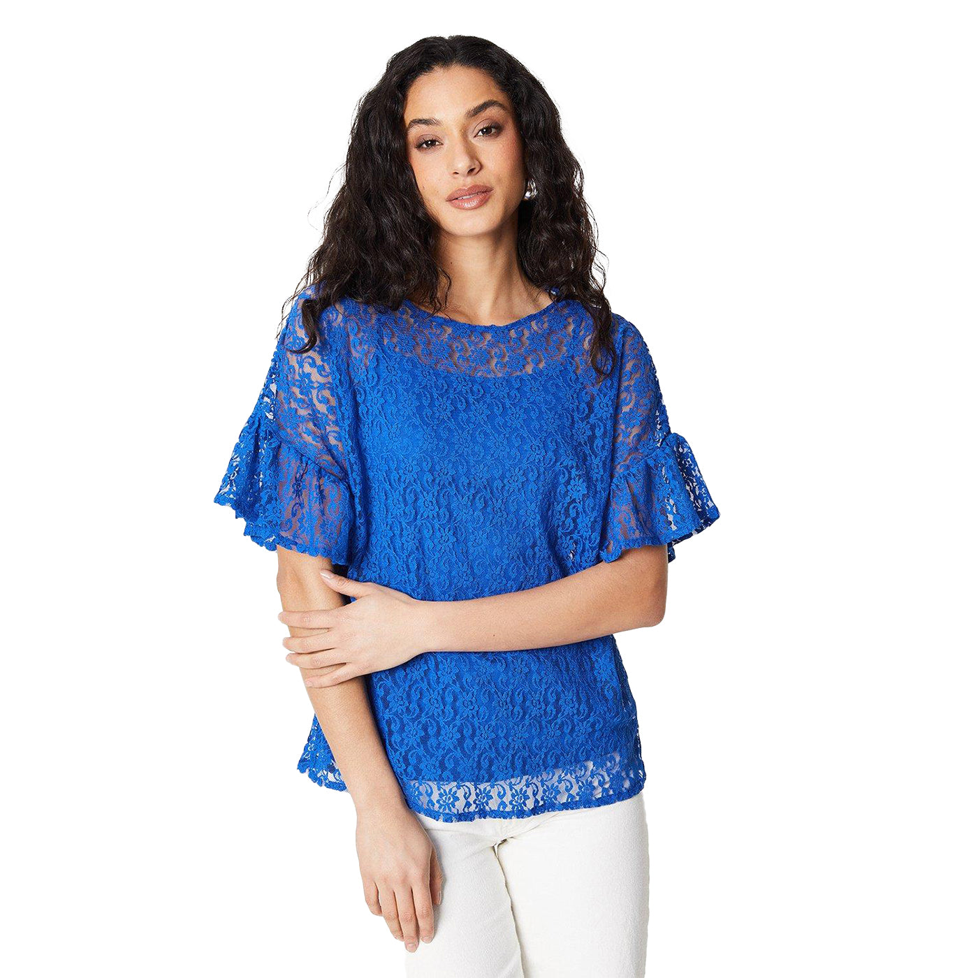 Cobalt - Front - Principles Womens-Ladies Jersey Lace Detail Flutter Top