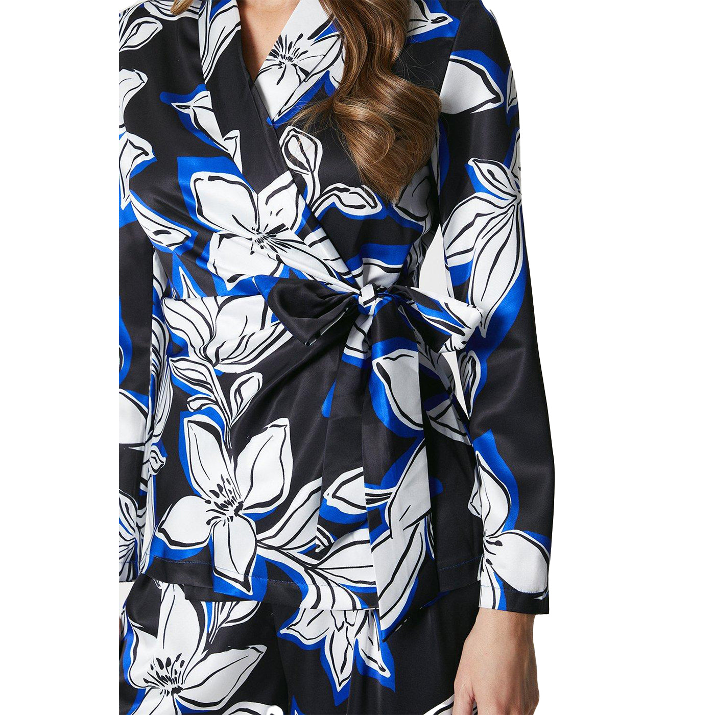 Blue-Black-White - Side - Principles Womens-Ladies Floral Satin Wrap Top