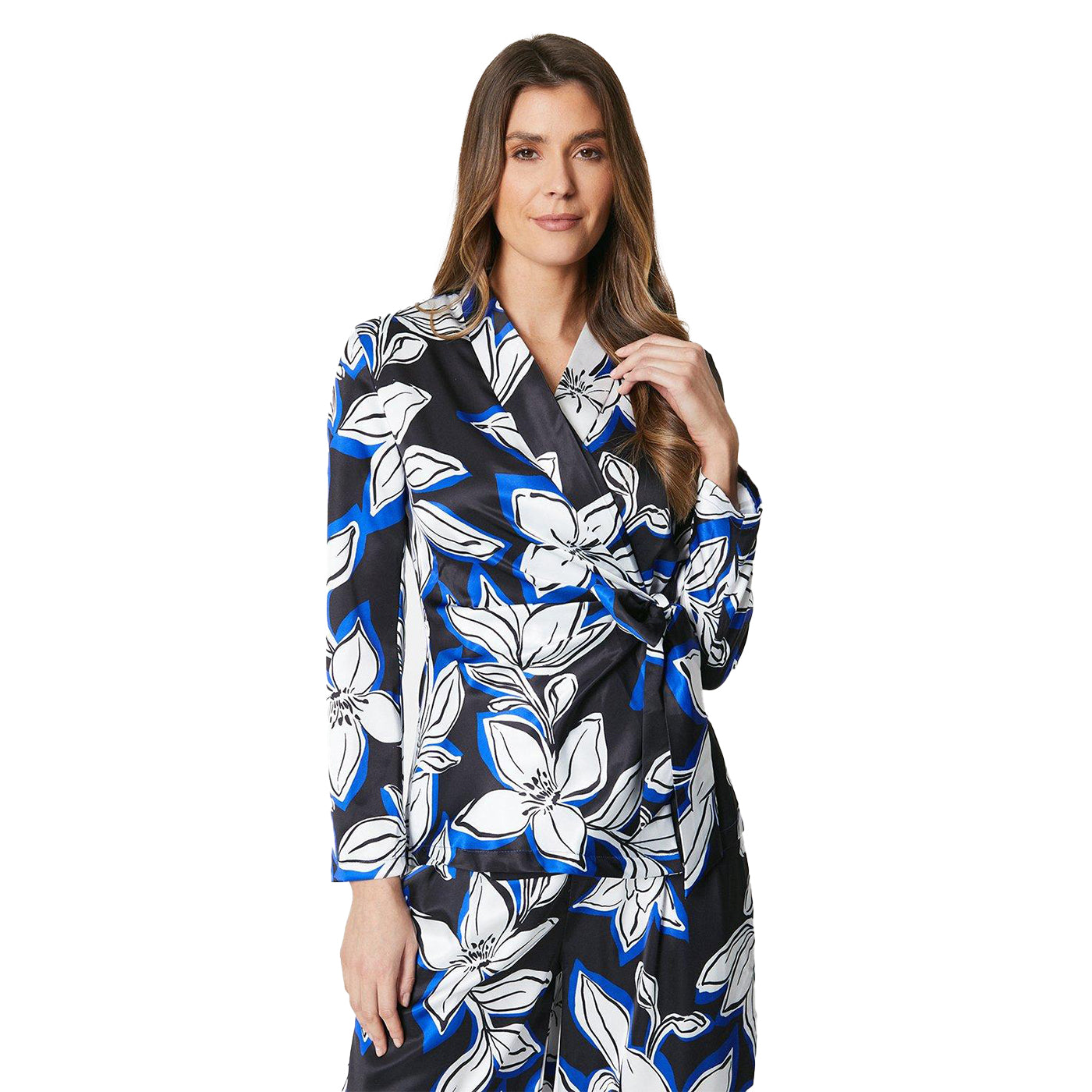 Blue-Black-White - Front - Principles Womens-Ladies Floral Satin Wrap Top