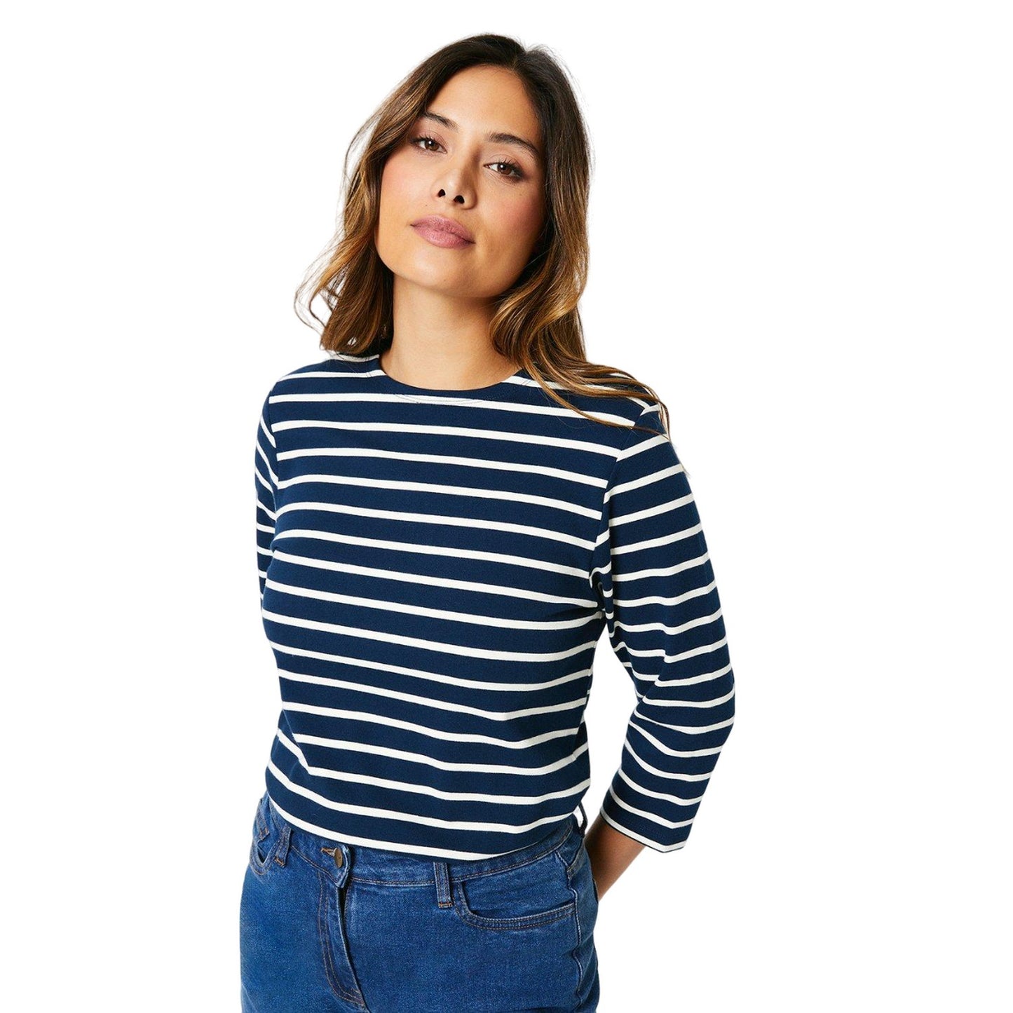 Navy - Front - Principles Womens-Ladies Stripe Jersey 3-4 Sleeve T-Shirt