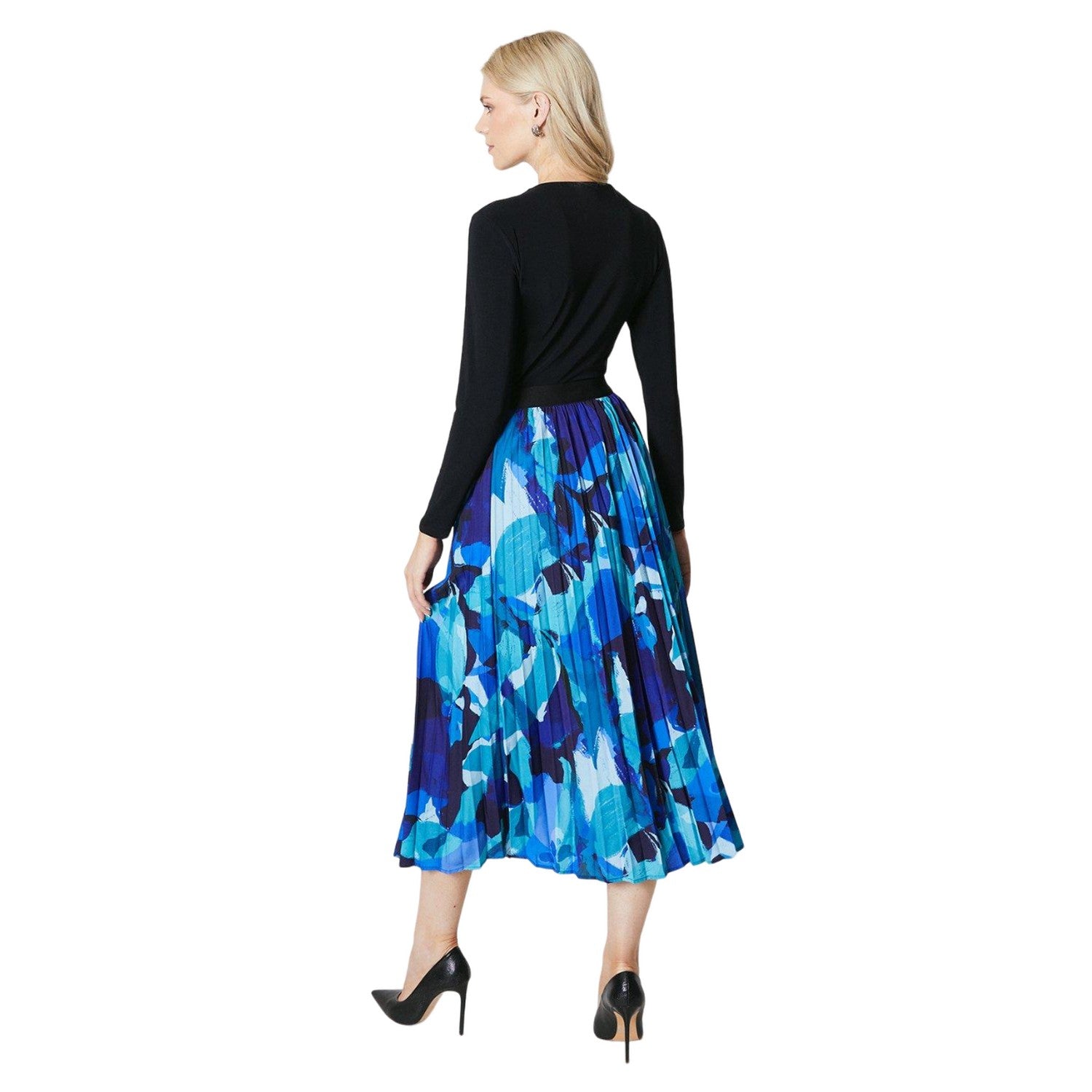 Blue - Back - Principles Womens-Ladies Abstract Pleated Midi Skirt