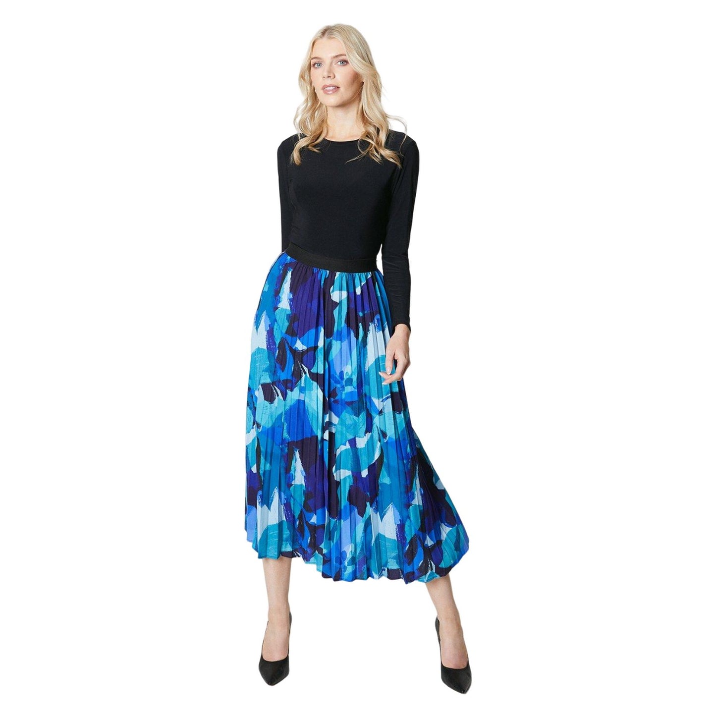 Blue - Side - Principles Womens-Ladies Abstract Pleated Midi Skirt