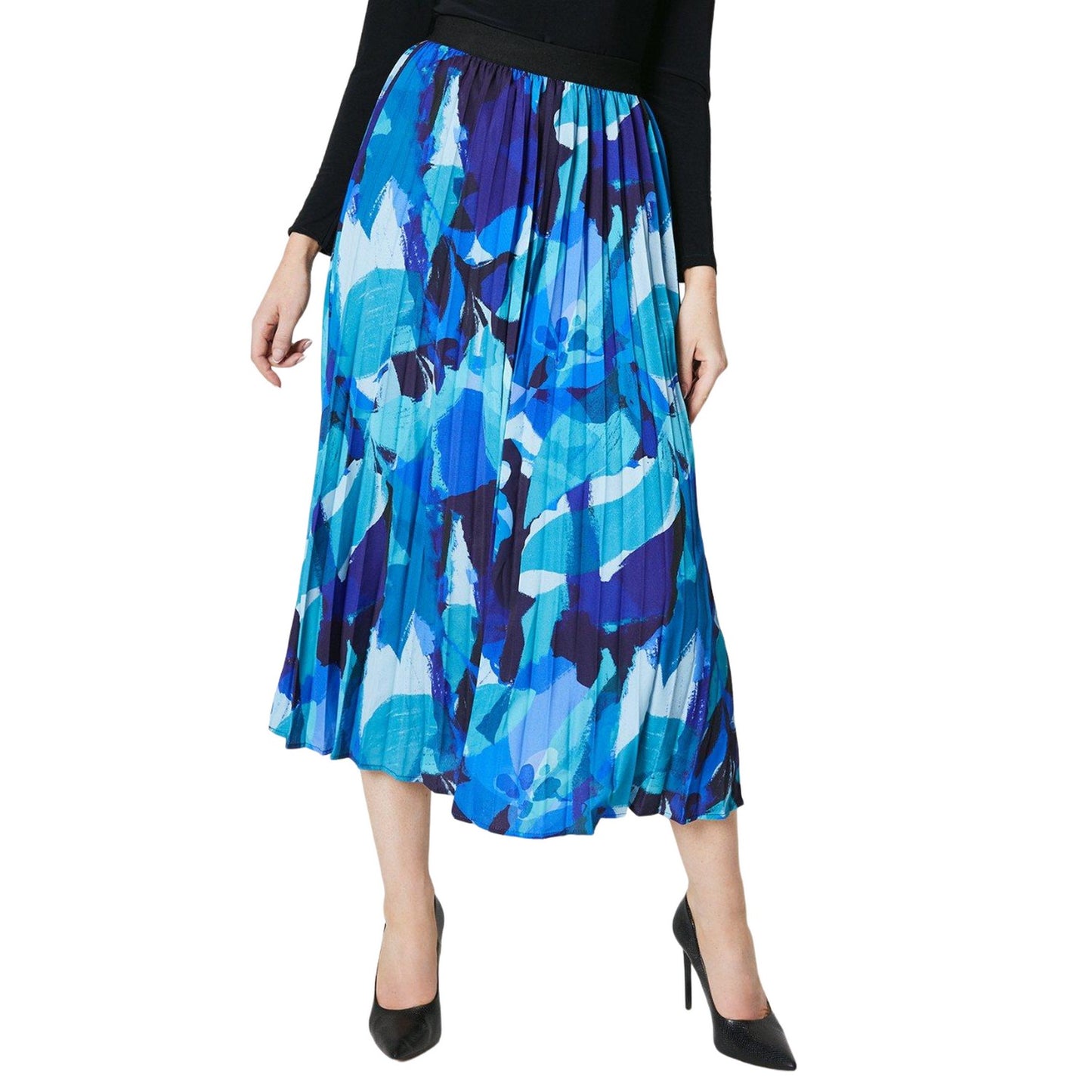 Blue - Front - Principles Womens-Ladies Abstract Pleated Midi Skirt