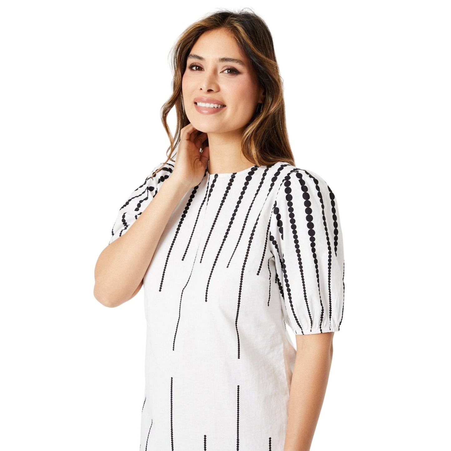 White-Black - Side - Principles Womens-Ladies Border Spot Puff Sleeve Shift Dress