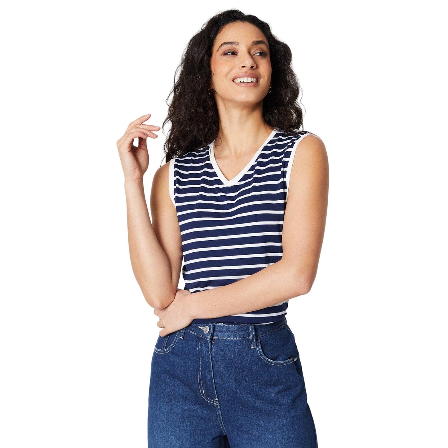 Navy - Front - Principles Womens-Ladies Stripe Jersey V Neck Vest Top