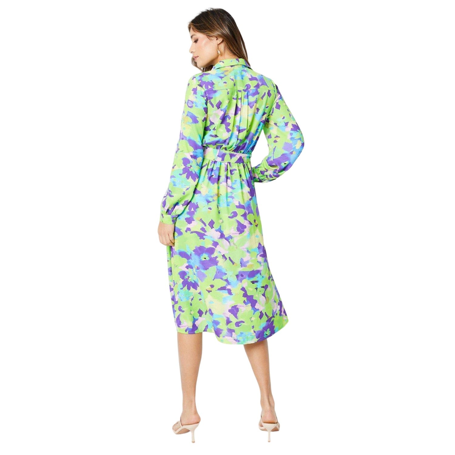 Green-Purple - Back - Principles Womens-Ladies Abstract Floral Belt Shirt Dress