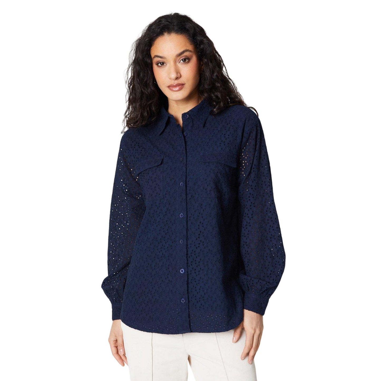 Navy - Back - Principles Womens-Ladies Broderie Collared Shirt