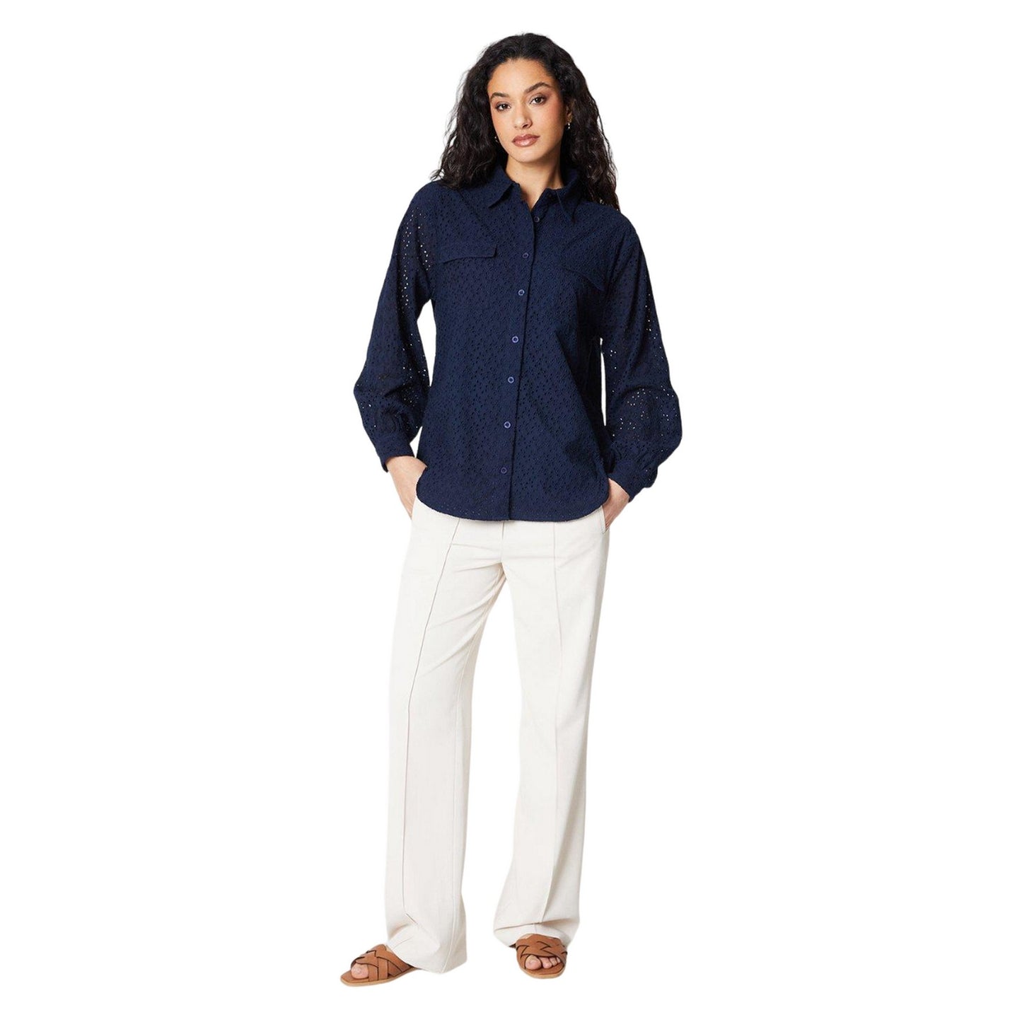 Navy - Lifestyle - Principles Womens-Ladies Broderie Collared Shirt