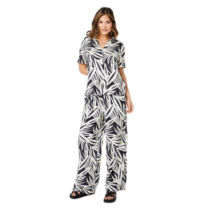 Black-White - Side - Principles Womens-Ladies Palm Leaf Short-Sleeved Shirt