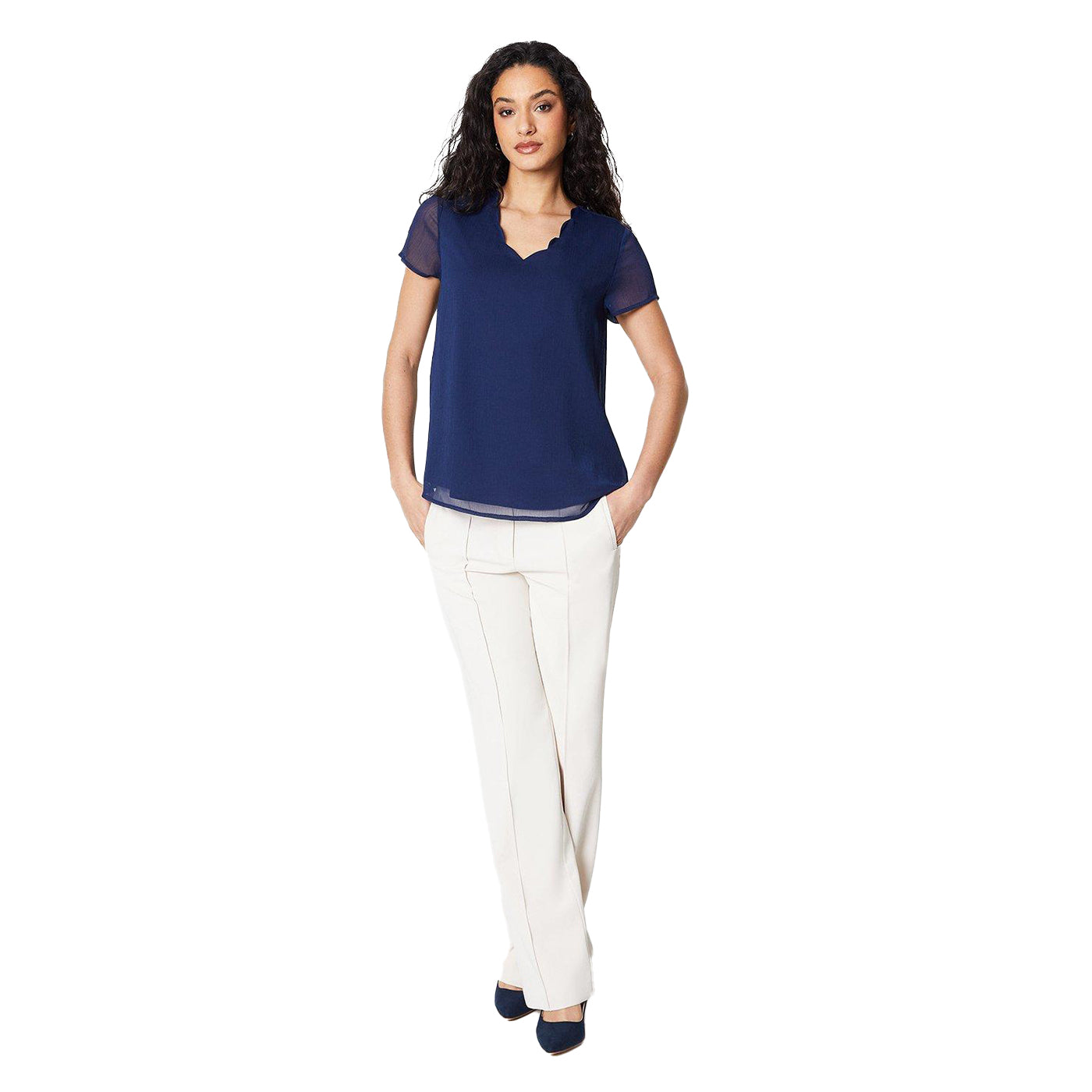 Navy - Lifestyle - Principles Womens-Ladies Woven Scalloped Top