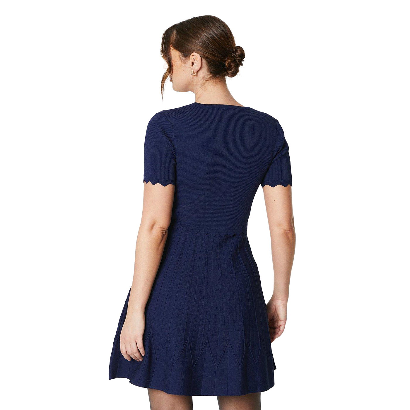 Navy - Back - Principles Womens-Ladies Pointelle V Neck Fitted And Flared Dress