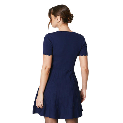 Navy - Back - Principles Womens-Ladies Pointelle V Neck Fitted And Flared Dress