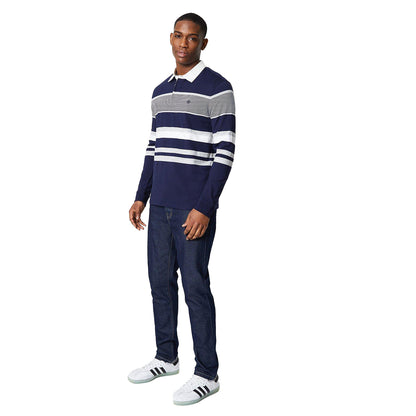 Navy - Lifestyle - Maine Mens Placement Stripe Oxford Rugby Shirt