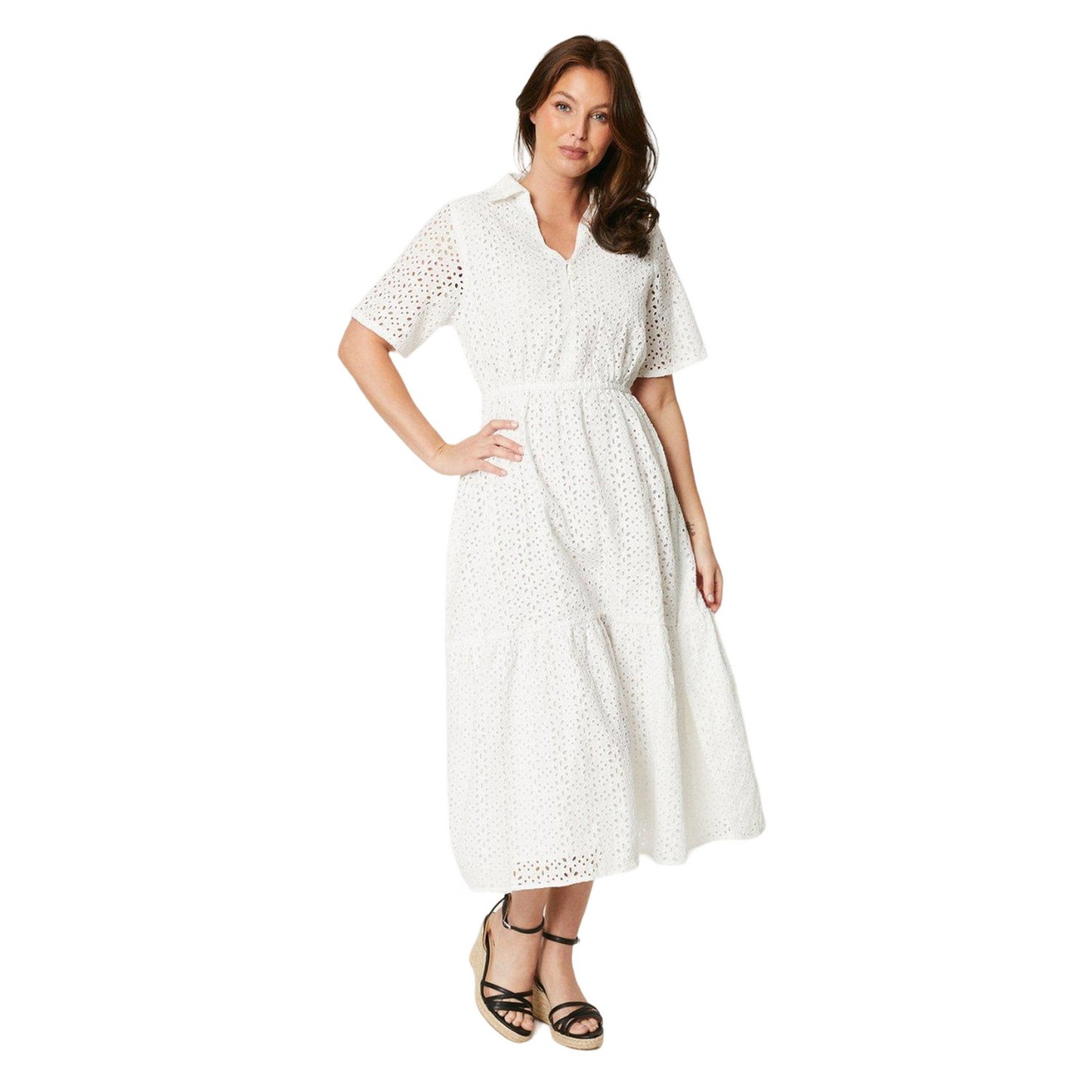 Ivory - Front - Principles Womens-Ladies Broderie Tiered Midi Dress