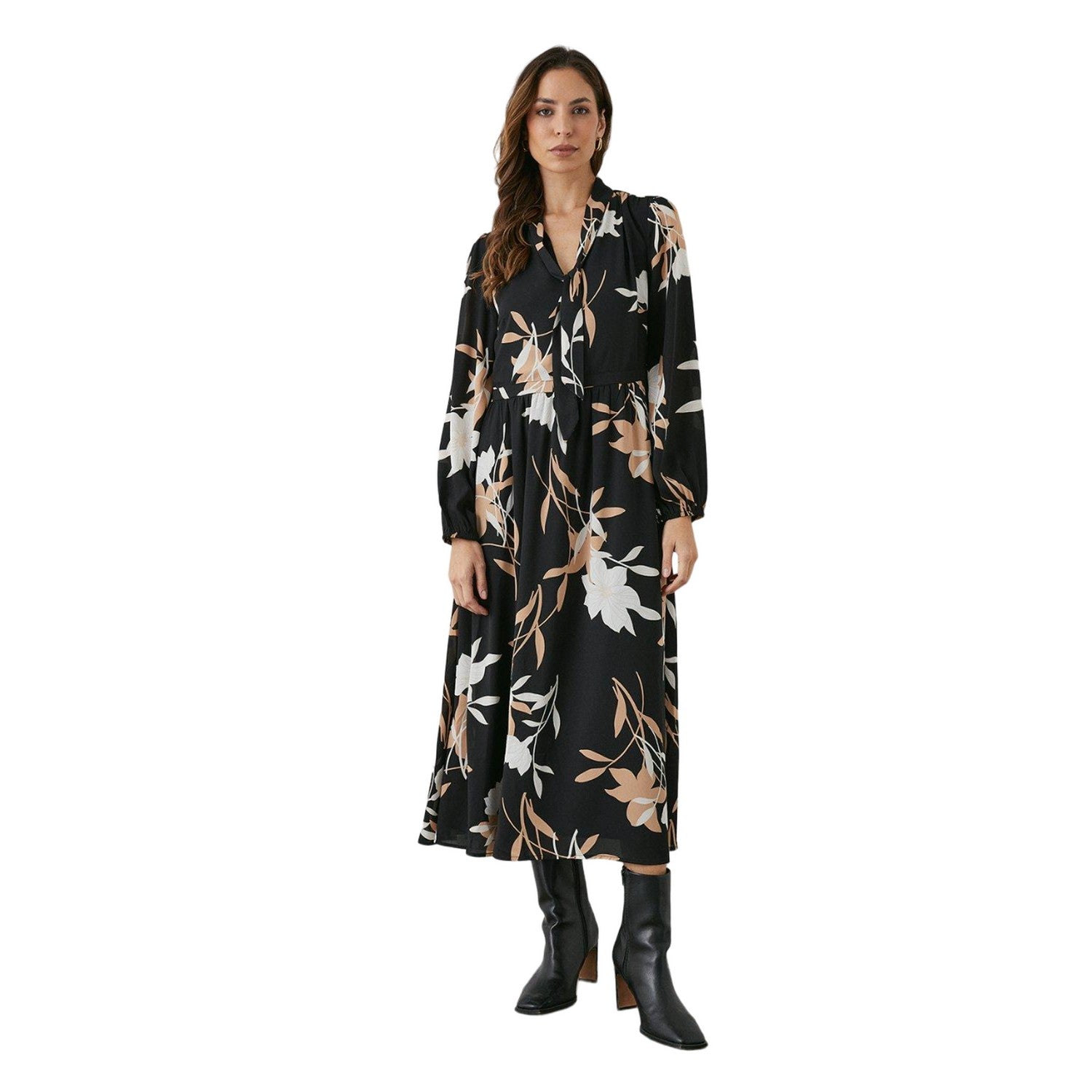Black - Front - Principles Womens-Ladies Floral Satin Tie Neck Midi Dress