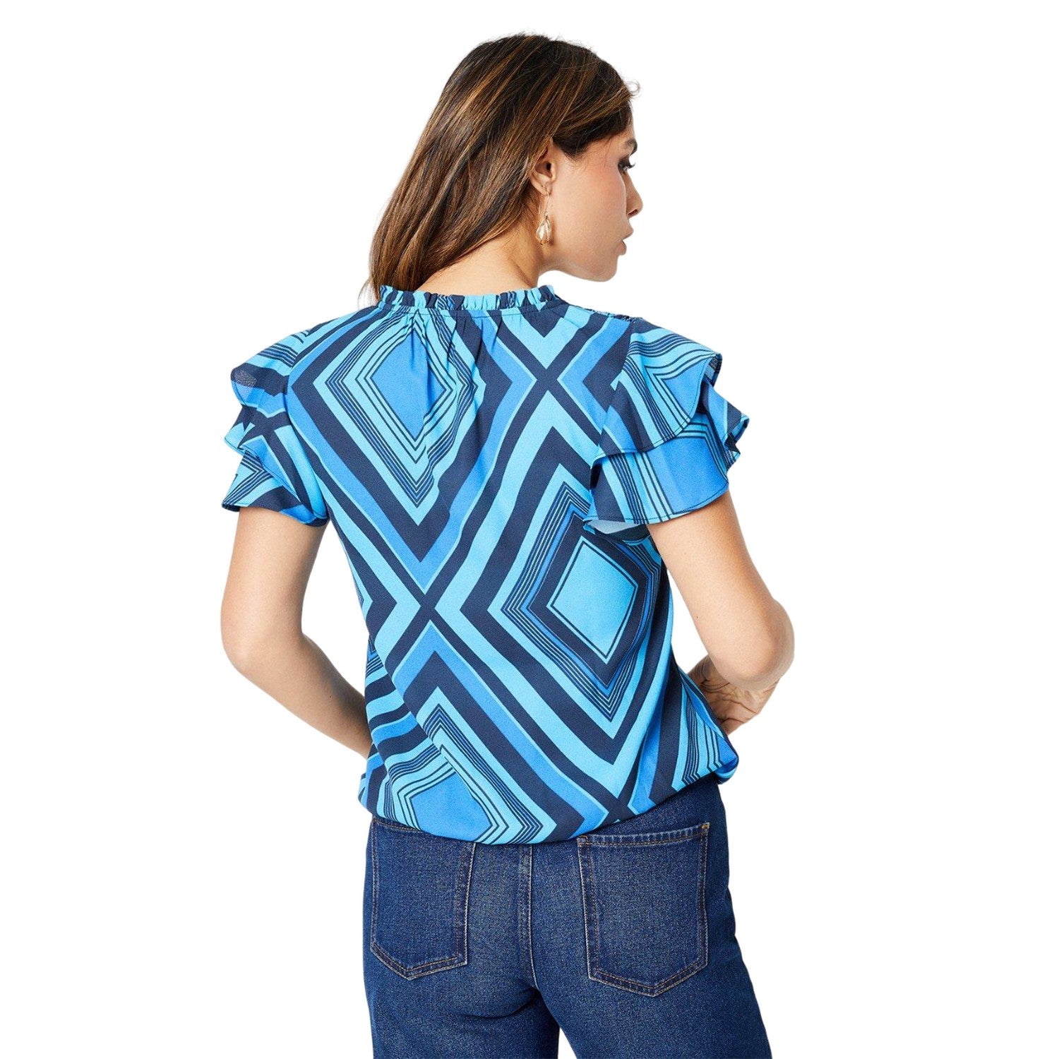 Blue - Back - Principles Womens-Ladies Geometric Bubble Hem Flute Top
