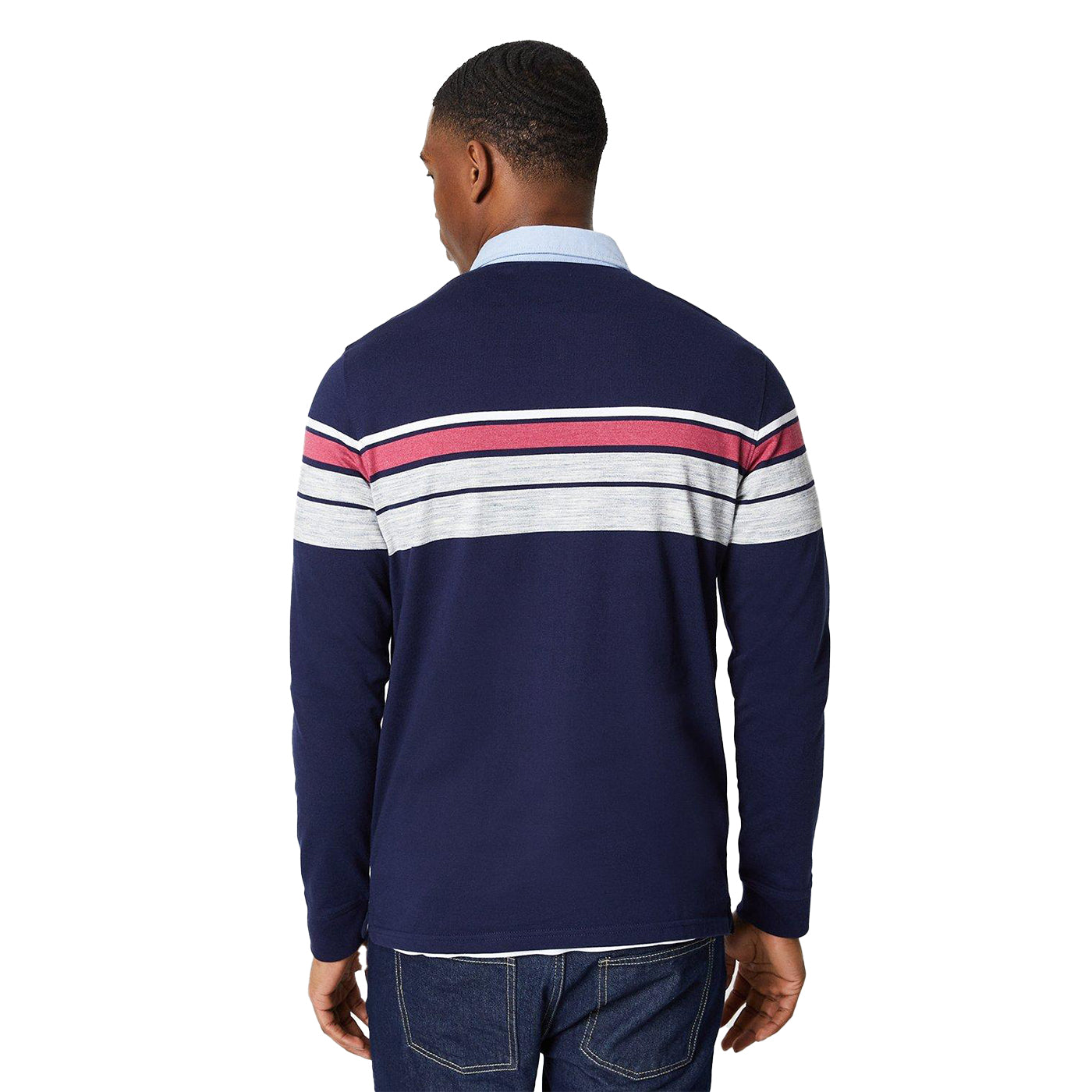 Dark Blue - Back - Maine Mens Henley Placement Stripe Rugby Shirt