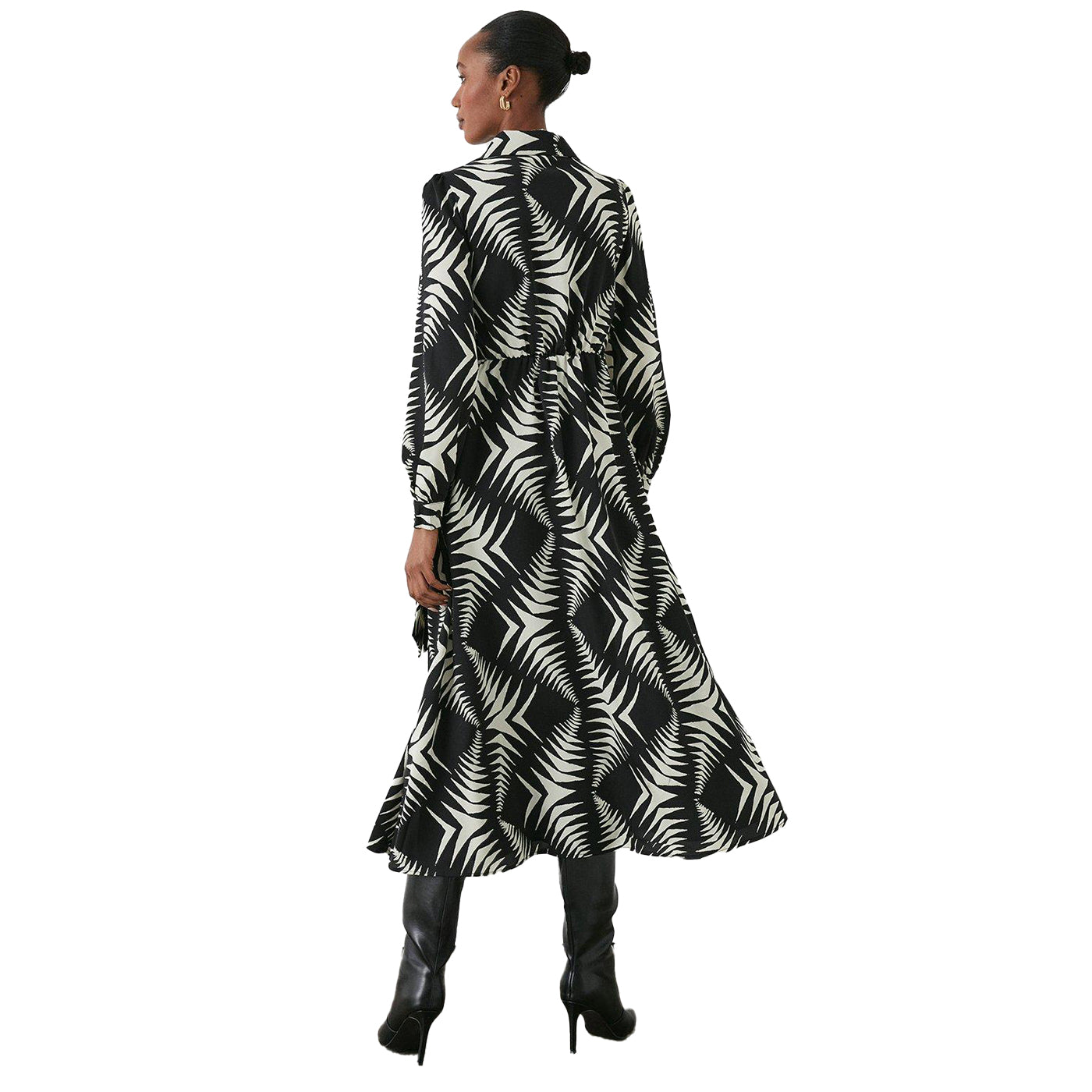 Black-White - Back - Principles Womens-Ladies Abstract Satin Collared Midi Dress