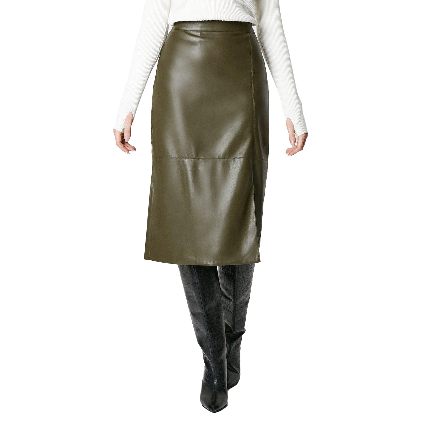 Olive - Front - Principles Womens-Ladies Faux Leather High Waist Mid Length Pencil Skirt