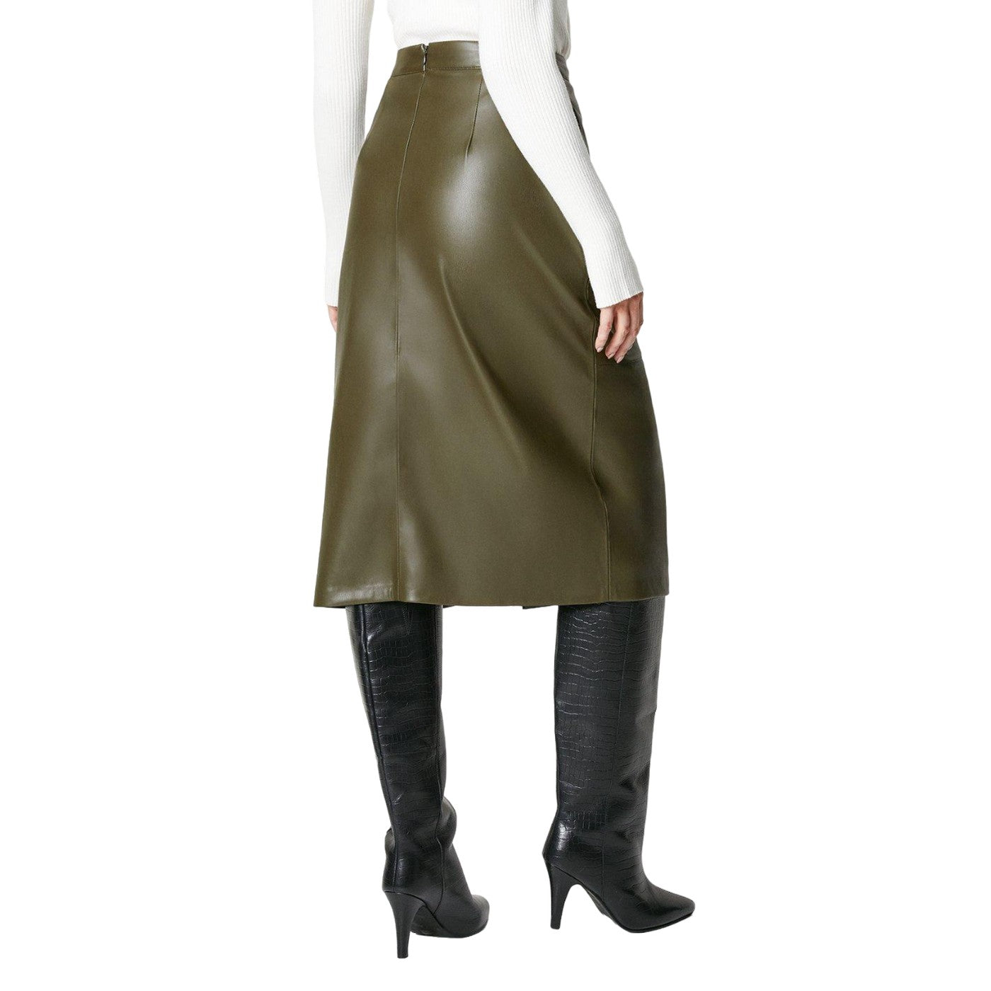 Olive - Back - Principles Womens-Ladies Faux Leather High Waist Mid Length Pencil Skirt