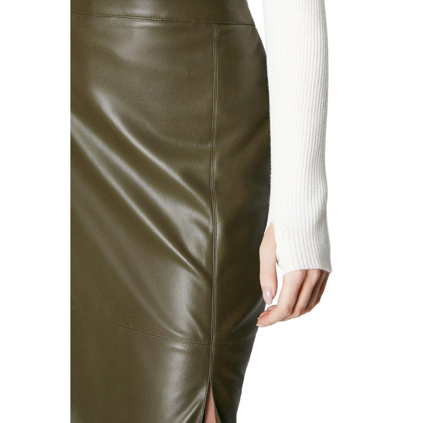 Olive - Side - Principles Womens-Ladies Faux Leather High Waist Mid Length Pencil Skirt
