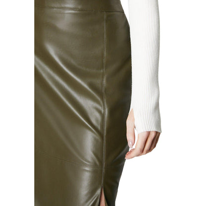 Olive - Side - Principles Womens-Ladies Faux Leather High Waist Mid Length Pencil Skirt