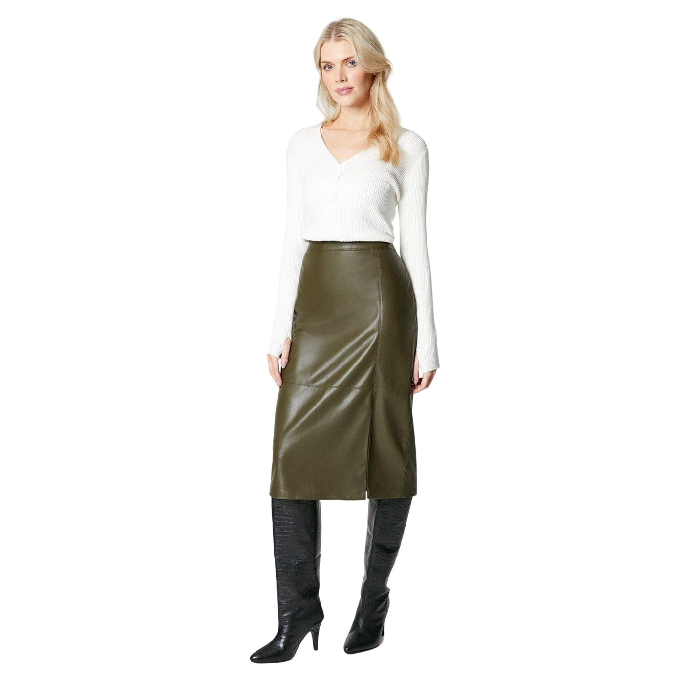 Olive - Lifestyle - Principles Womens-Ladies Faux Leather High Waist Mid Length Pencil Skirt