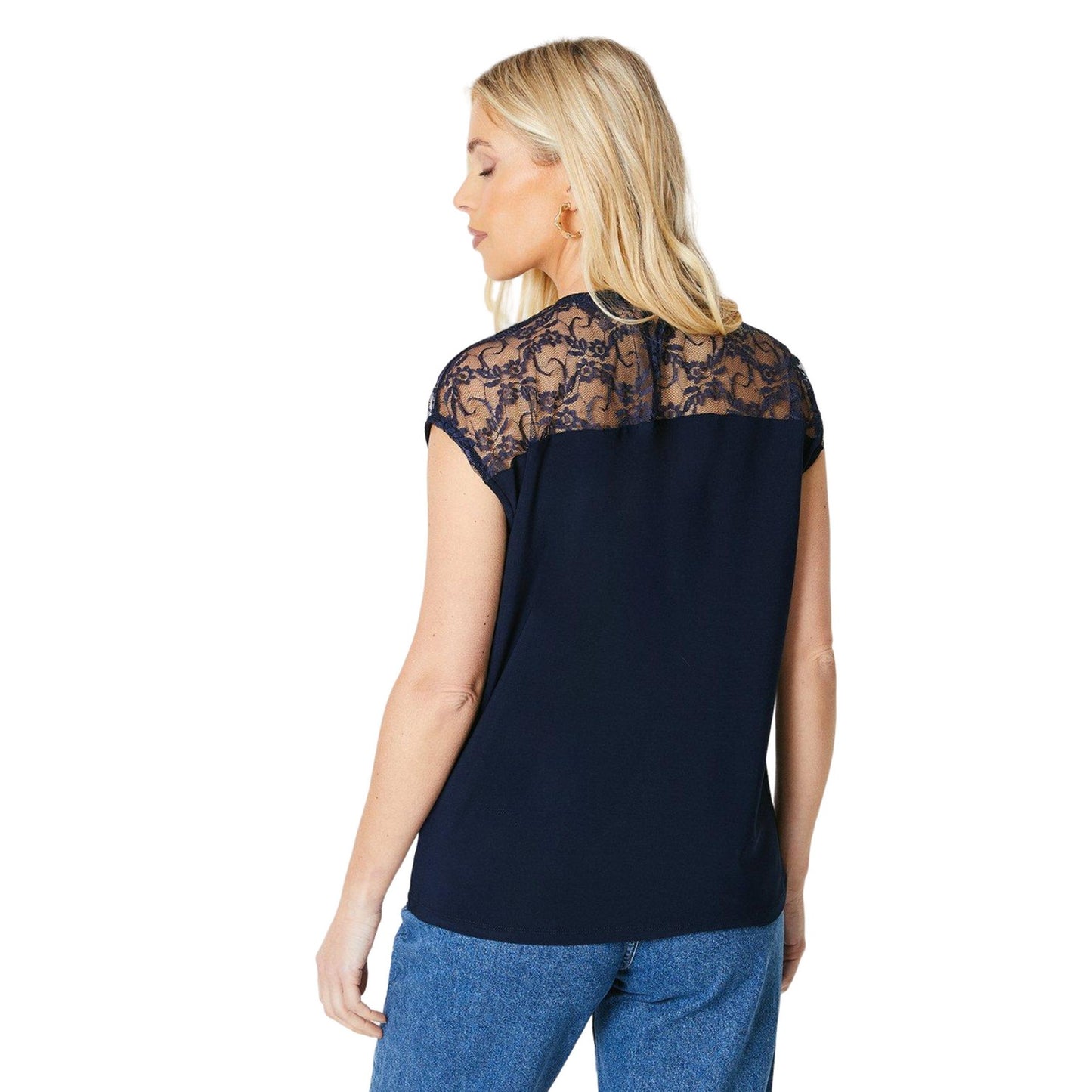 Navy - Back - Principles Mens Jersey Lace Detail Petite Top