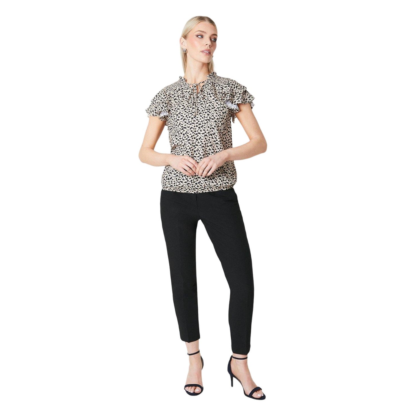White-Black - Side - Principles Womens-Ladies Printed Bubble Hem Flute Top