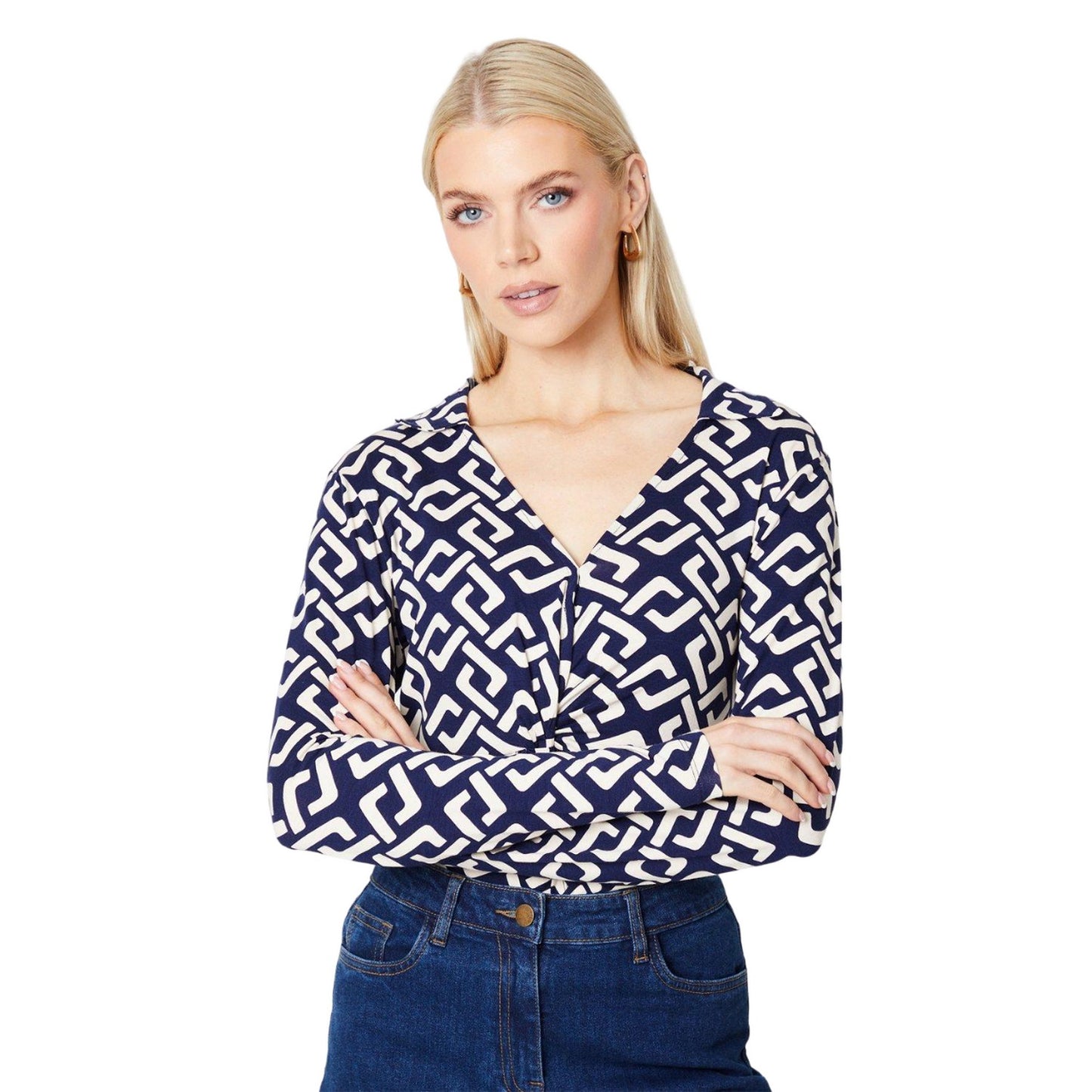 Navy - Front - Principles Womens-Ladies Geometric Jersey Twisted Top