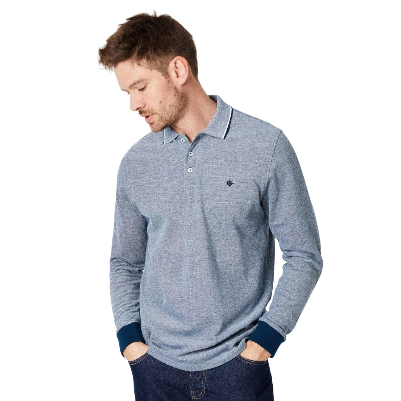 Navy - Side - Maine Mens Birdseye Long-Sleeved Polo Shirt