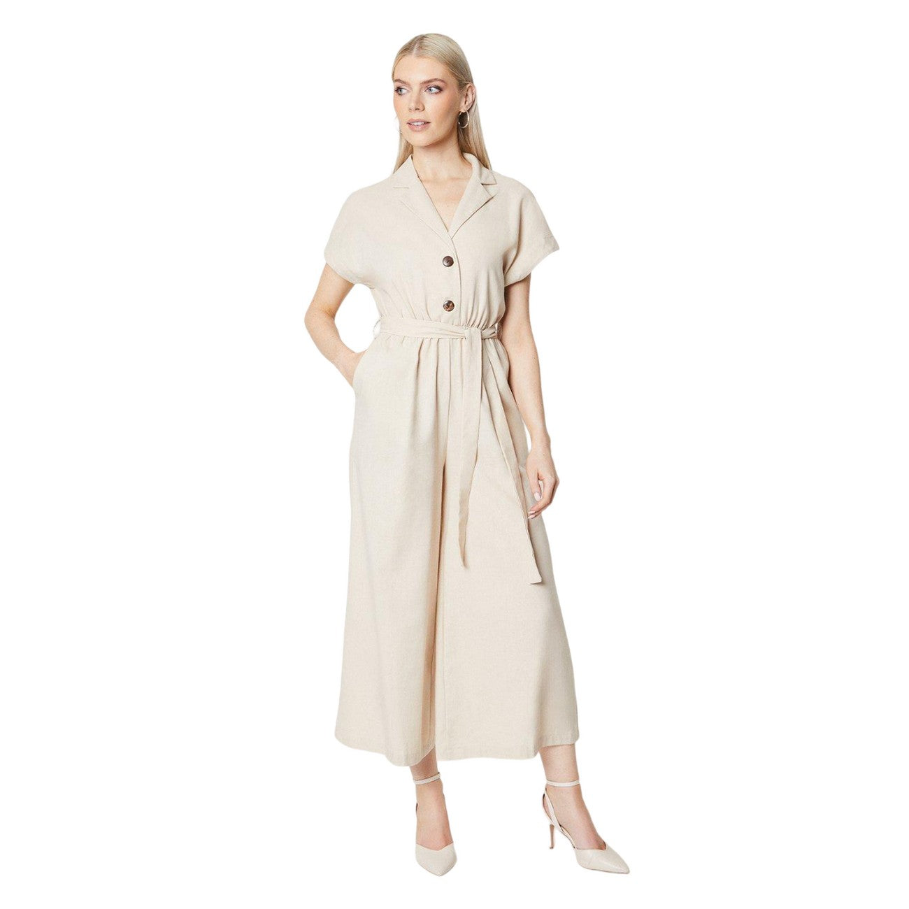 Sand - Front - Principles Womens-Ladies Linen Blend Belt Jumpsuit