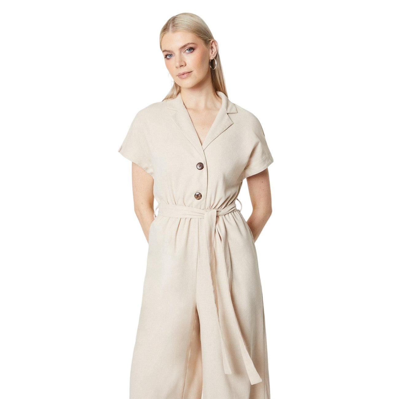 Sand - Side - Principles Womens-Ladies Linen Blend Belt Jumpsuit