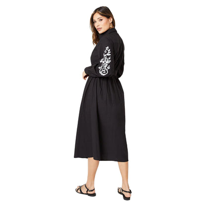 Black-Ecru - Back - Principles Womens-Ladies Embroidered Sleeve Midi Shirt Dress