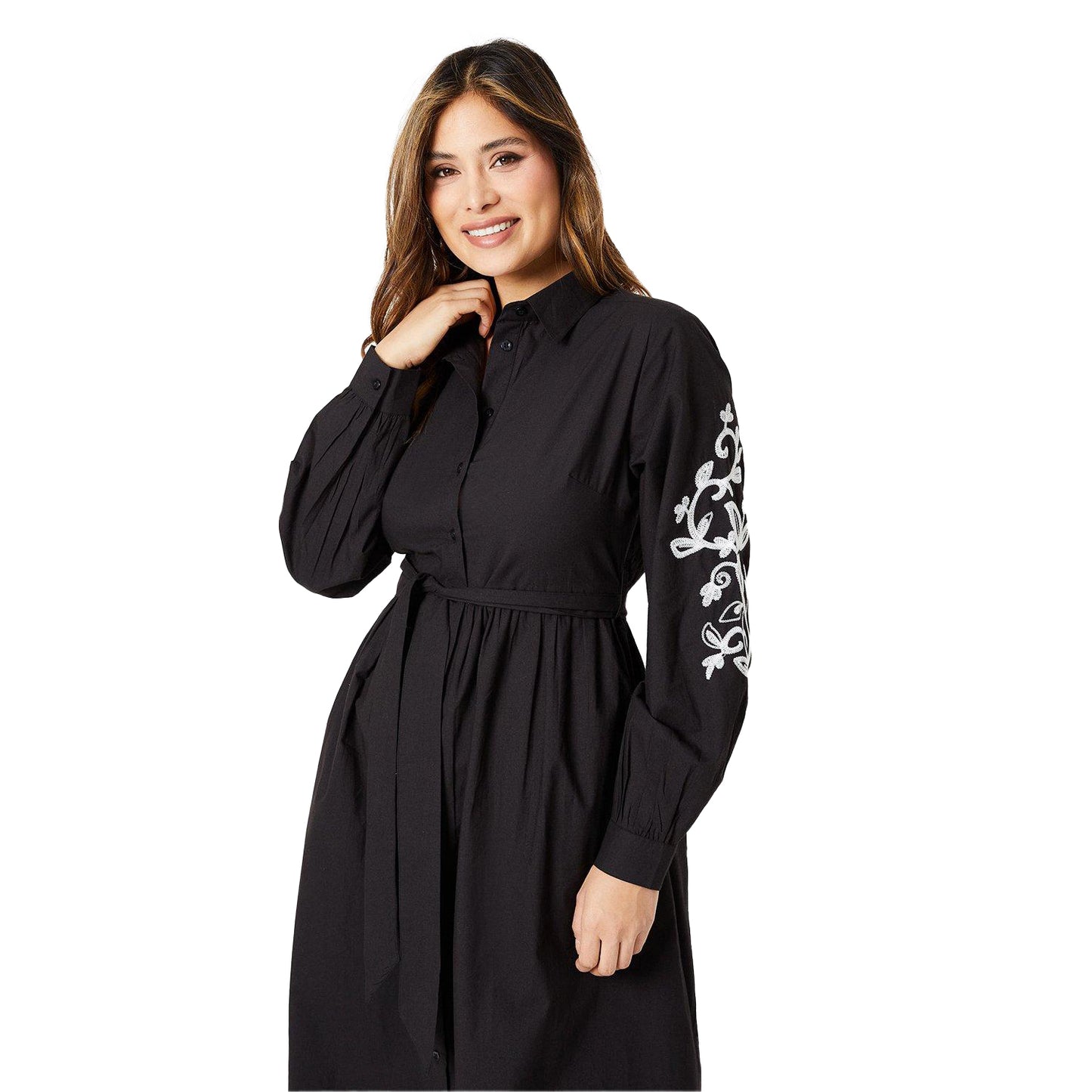 Black-Ecru - Side - Principles Womens-Ladies Embroidered Sleeve Midi Shirt Dress