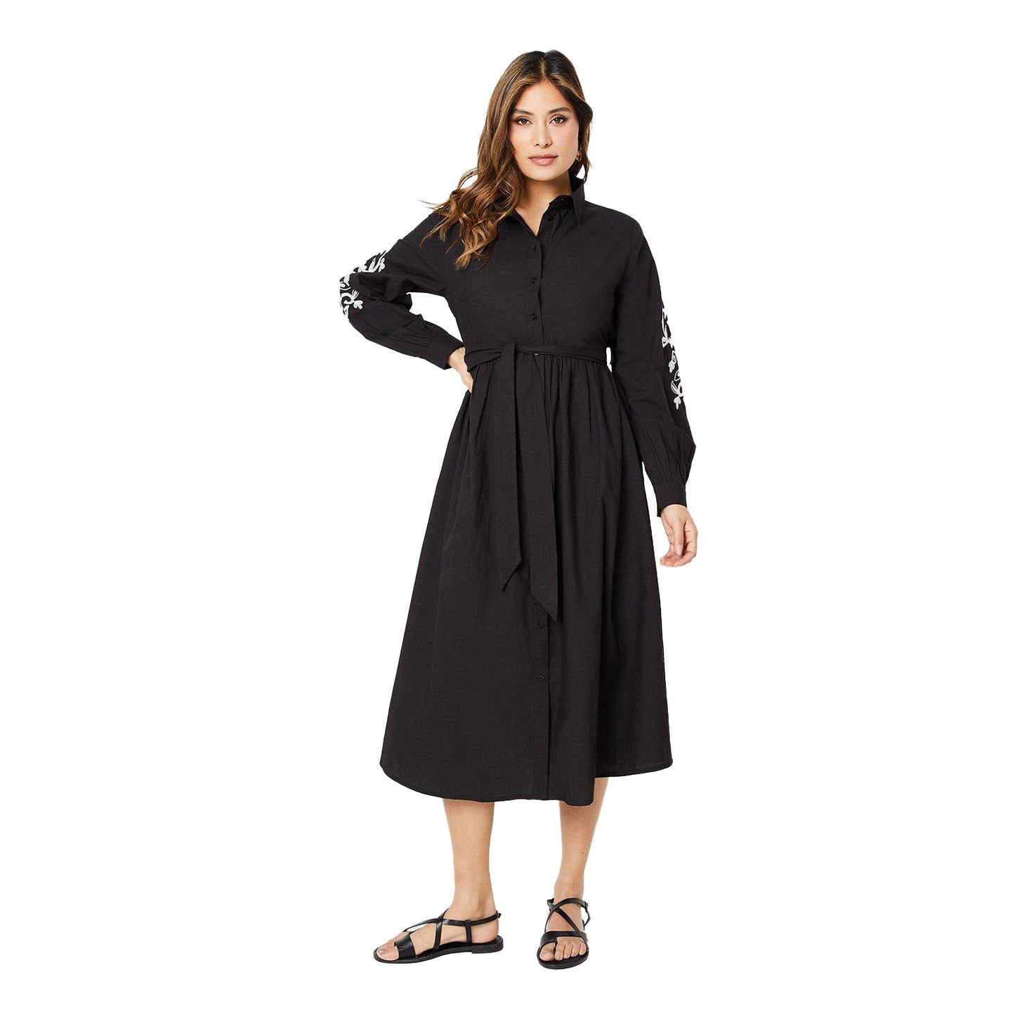 Black-Ecru - Front - Principles Womens-Ladies Embroidered Sleeve Midi Shirt Dress