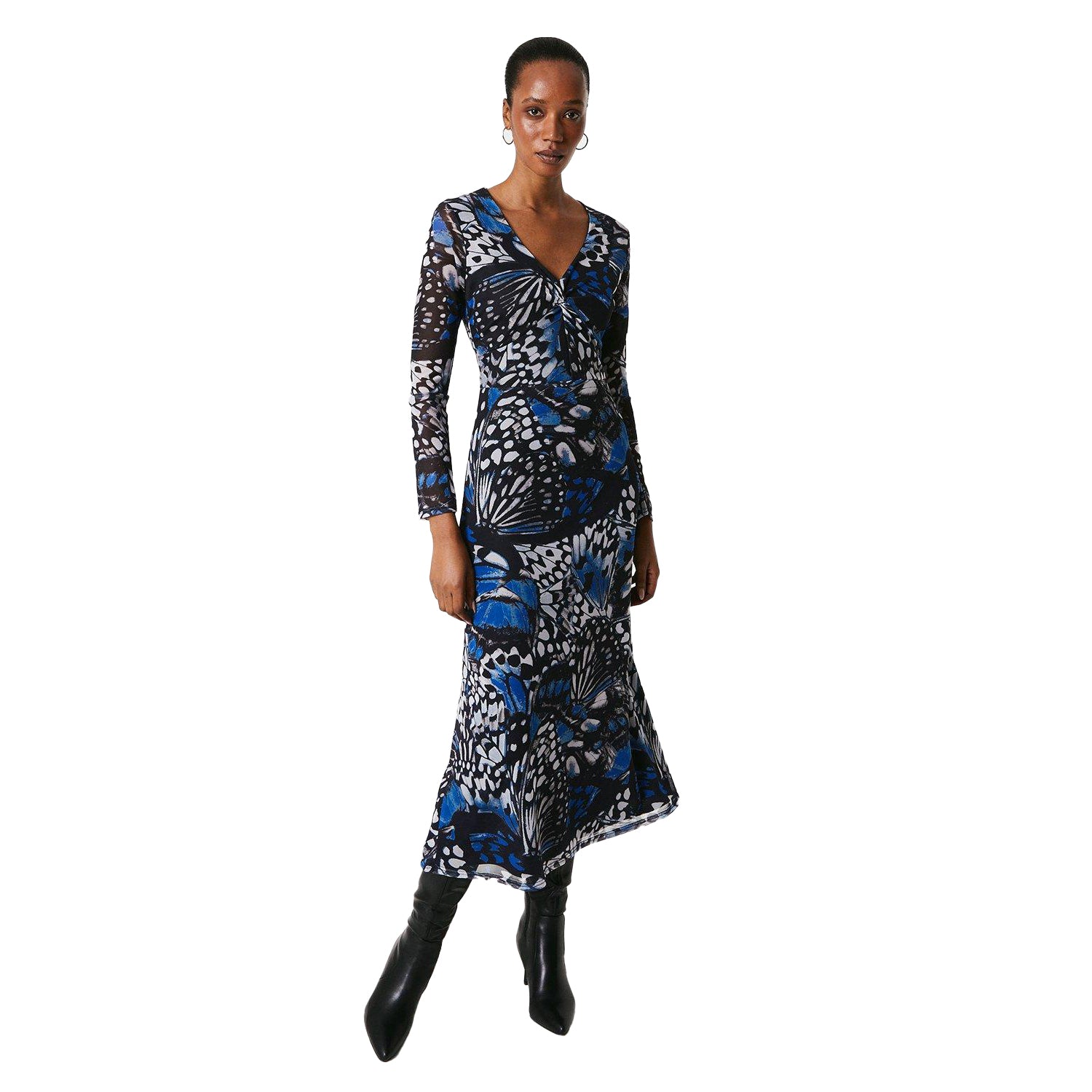 Blue - Side - Principles Womens-Ladies Butterfly Mesh Twisted Midi Dress