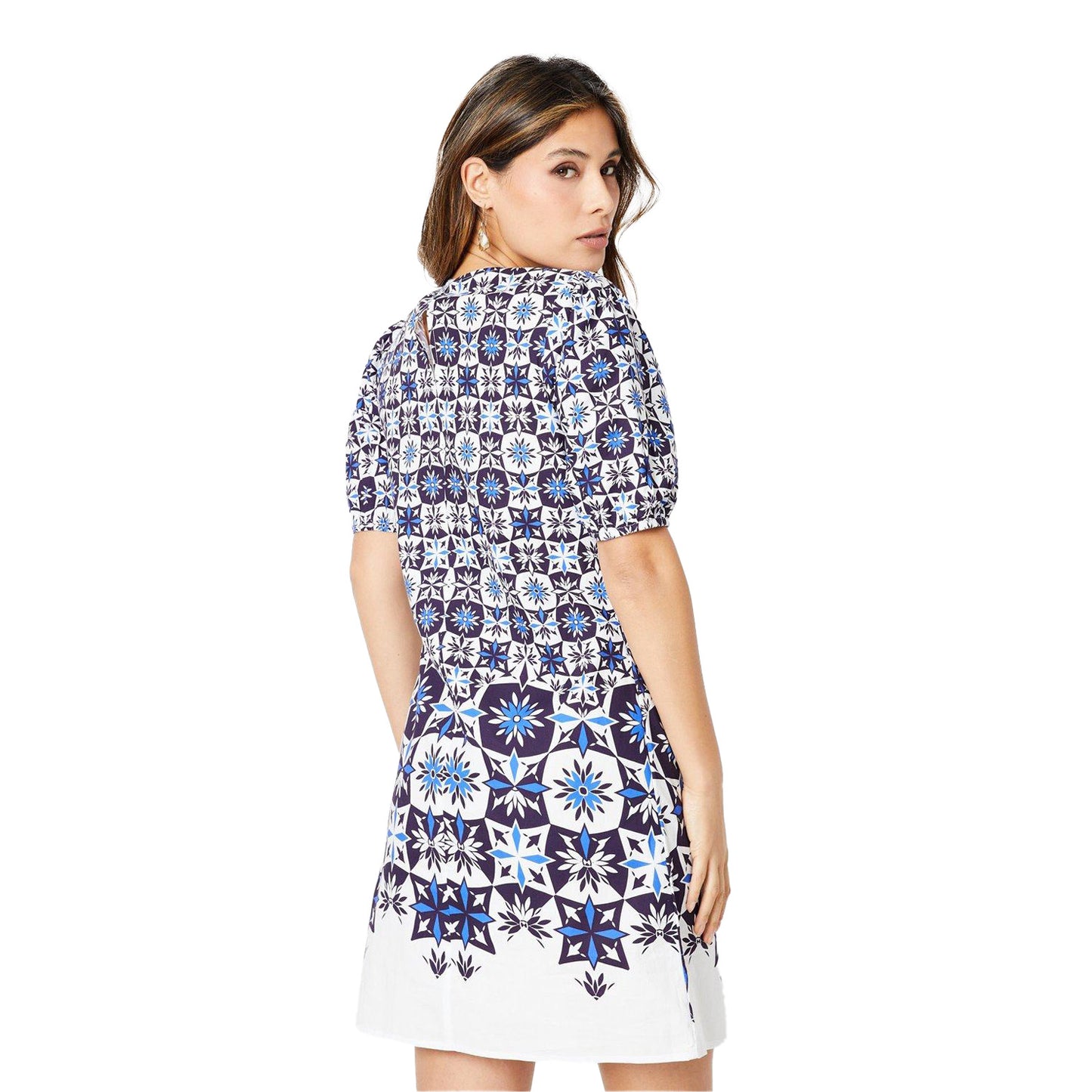 Blue - Back - Principles Womens-Ladies Tile Print Puff Sleeve Shift Dress